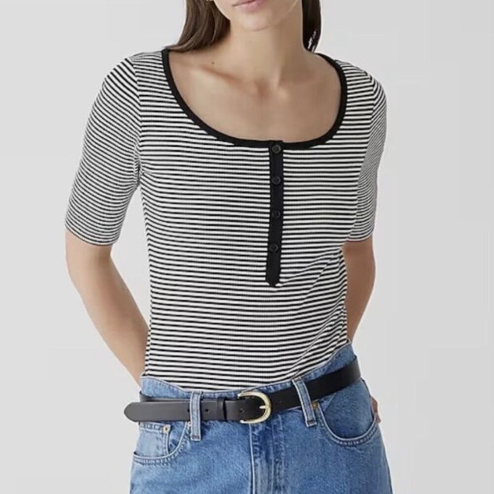J.Crew Vintage Rib Henley T-Shirt Black/White Stripe 3/4 Sleeve Women's XL